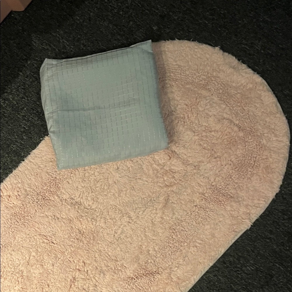 Plush Oval Pink Shag Rug with Light green shower curtain!